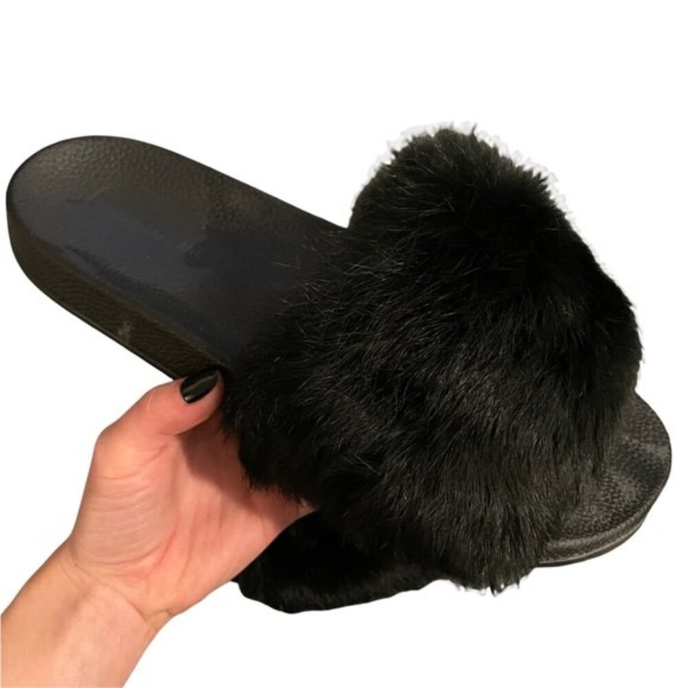 Maiden Lane Open Toe Fur Slip-On Slippers Black Size 11